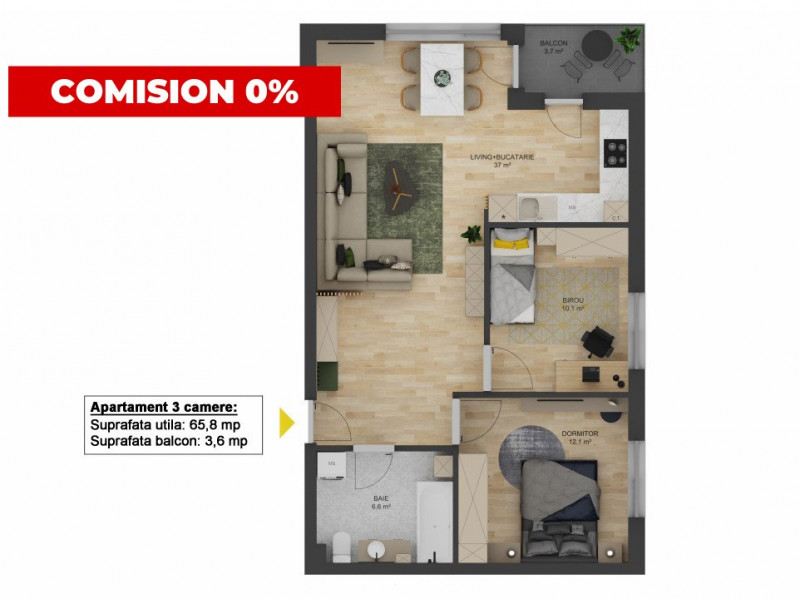 Apartament 3 camere de vanzare 65 mpu cu 1 balcon zona Doamna Stanca